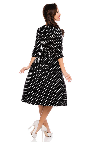 Long Sleeve 50s Style Swing Dress in Black Polka