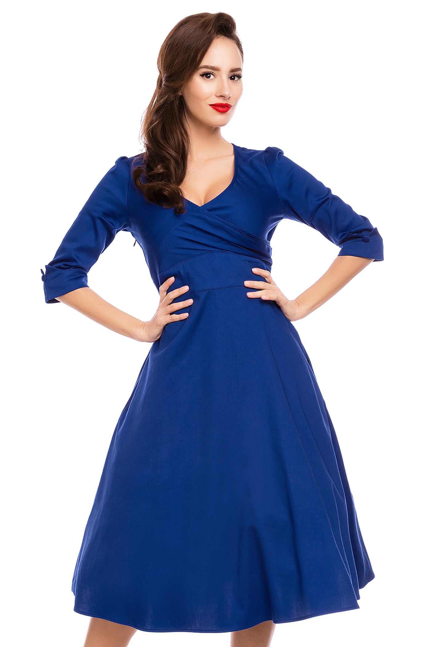 Long Sleeve 50s Style Swing Dress in Dark Blue