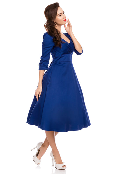 Long Sleeve 50s Style Swing Dress in Dark Blue
