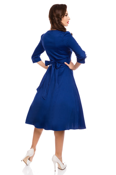 Long Sleeve 50s Style Swing Dress in Dark Blue
