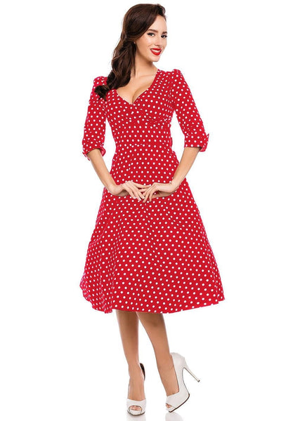 Long Sleeve 50s Style Swing Dress in Red Polka