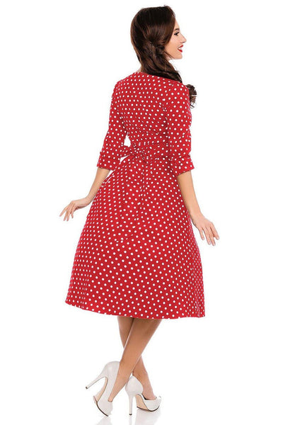 Long Sleeve 50s Style Swing Dress in Red Polka