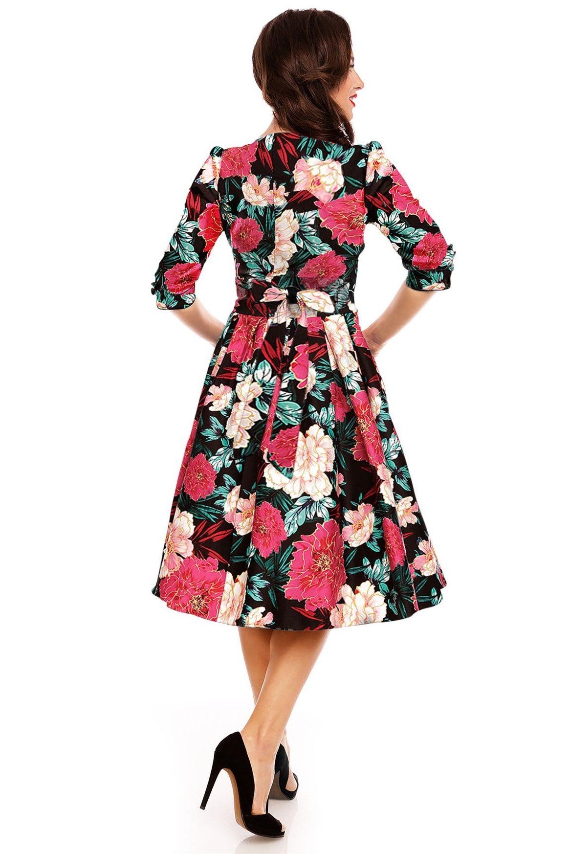 Long Sleeve 50s Swing Dress in Black-Pink-Gold Floral