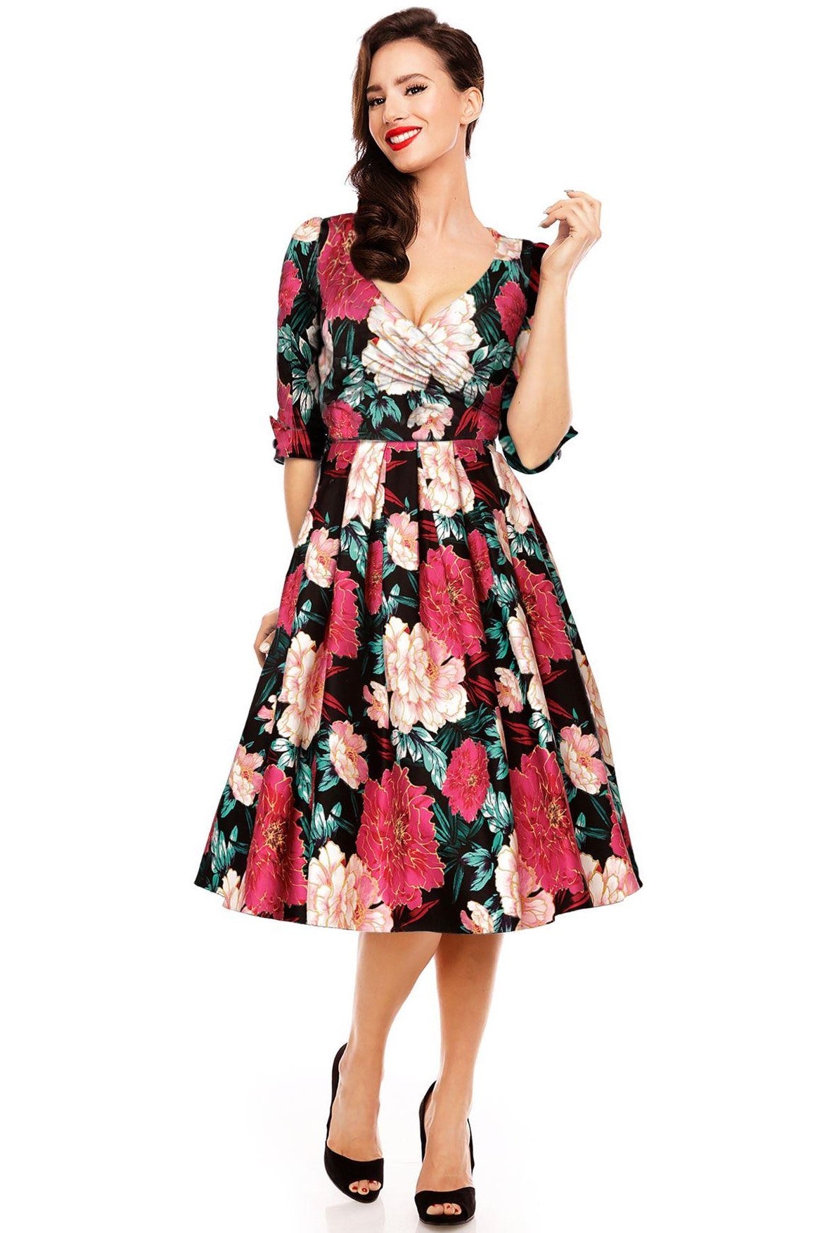 Long Sleeve 50s Swing Dress in Black-Pink-Gold Floral