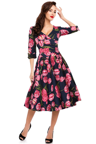 Long Sleeve 50s Swing Dress in Blue-Pink Tulips