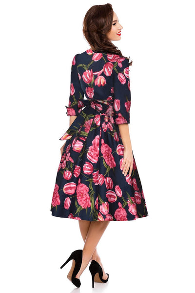 Long Sleeve 50s Swing Dress in Blue-Pink Tulips