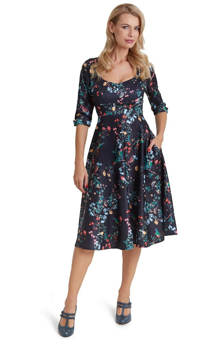 Long Sleeved Bird Print Midi Dress in Black