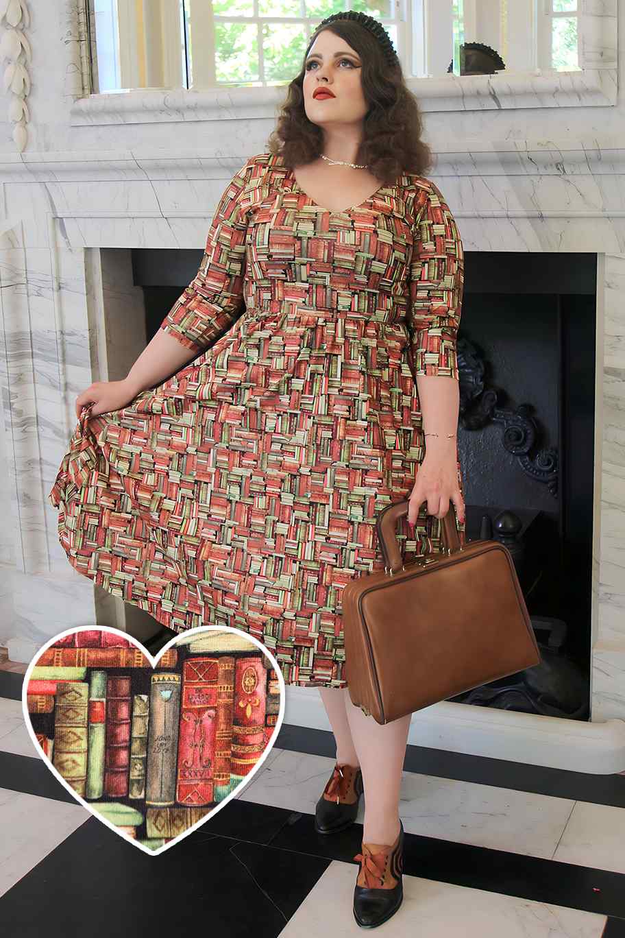  Long Sleeved Book Print Flared Dress