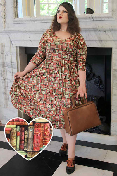  Long Sleeved Book Print Flared Dress