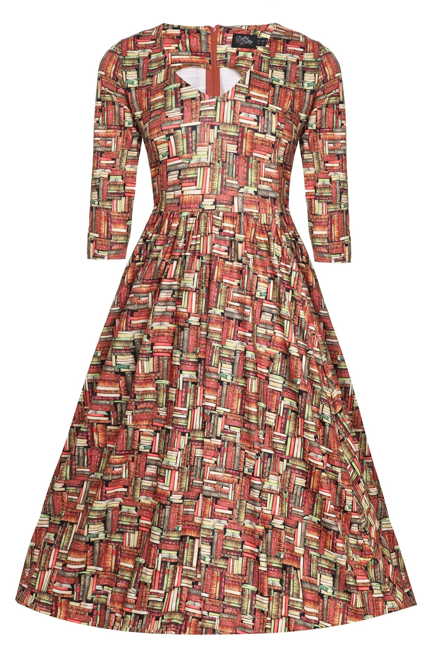 Long Sleeved Book Print Flared Dress