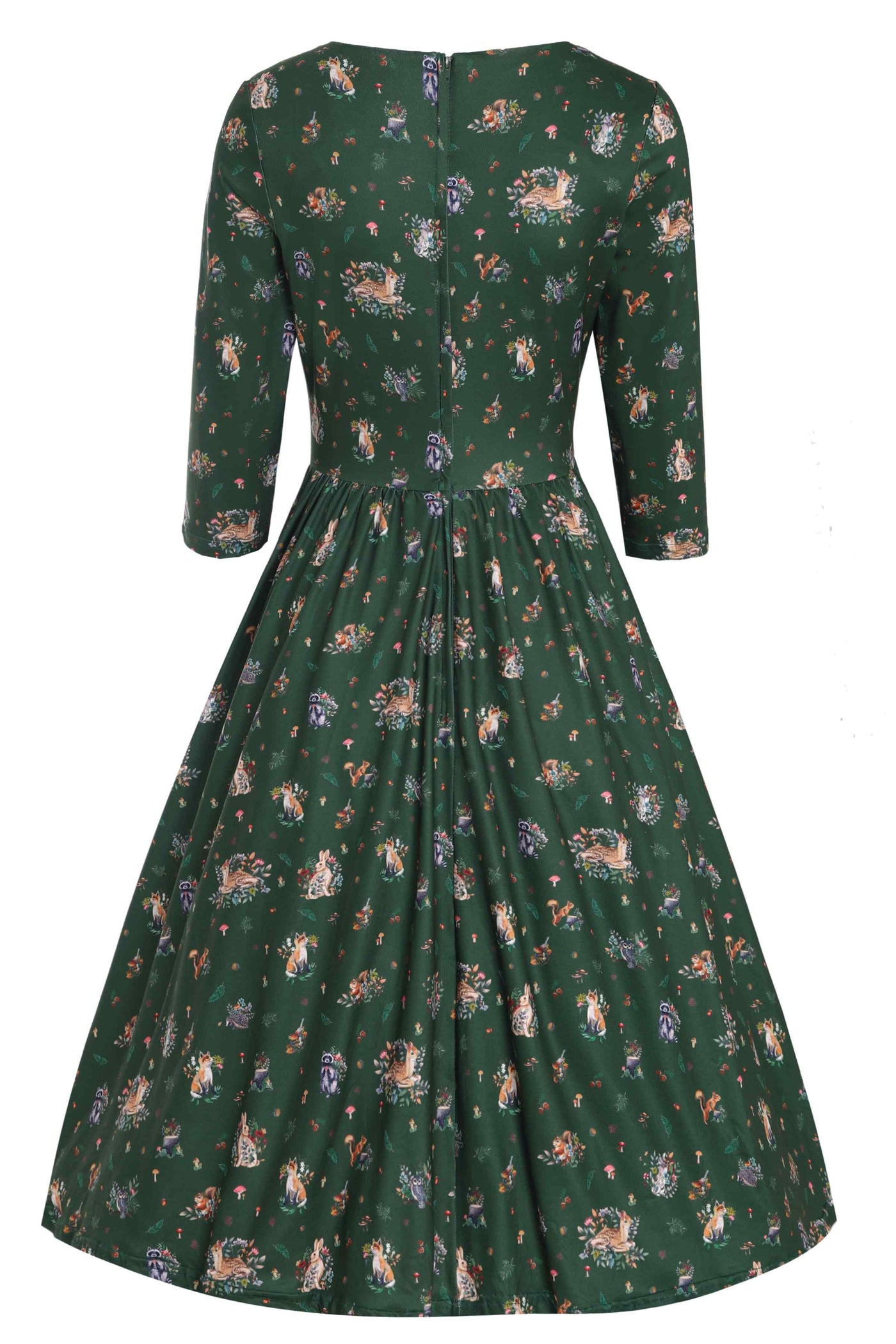 Back View of Lovely Woodland Fox and Owl Print Dress in Green