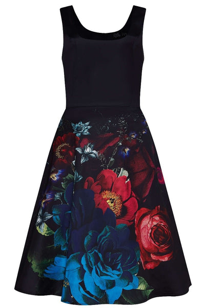 Gorgeous Amanda 50s Inspired Black Swing Dress with Red-Blue Flowers