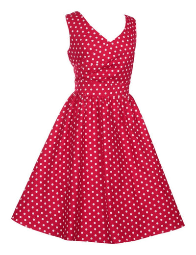 Our May crossover bust dress, in red/white polka dot print, side view