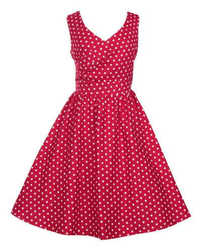 Our May crossover bust dress, in red/white polka dot print, front view