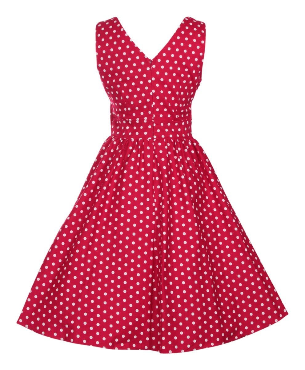 Our May crossover bust dress, in red/white polka dot print, back view