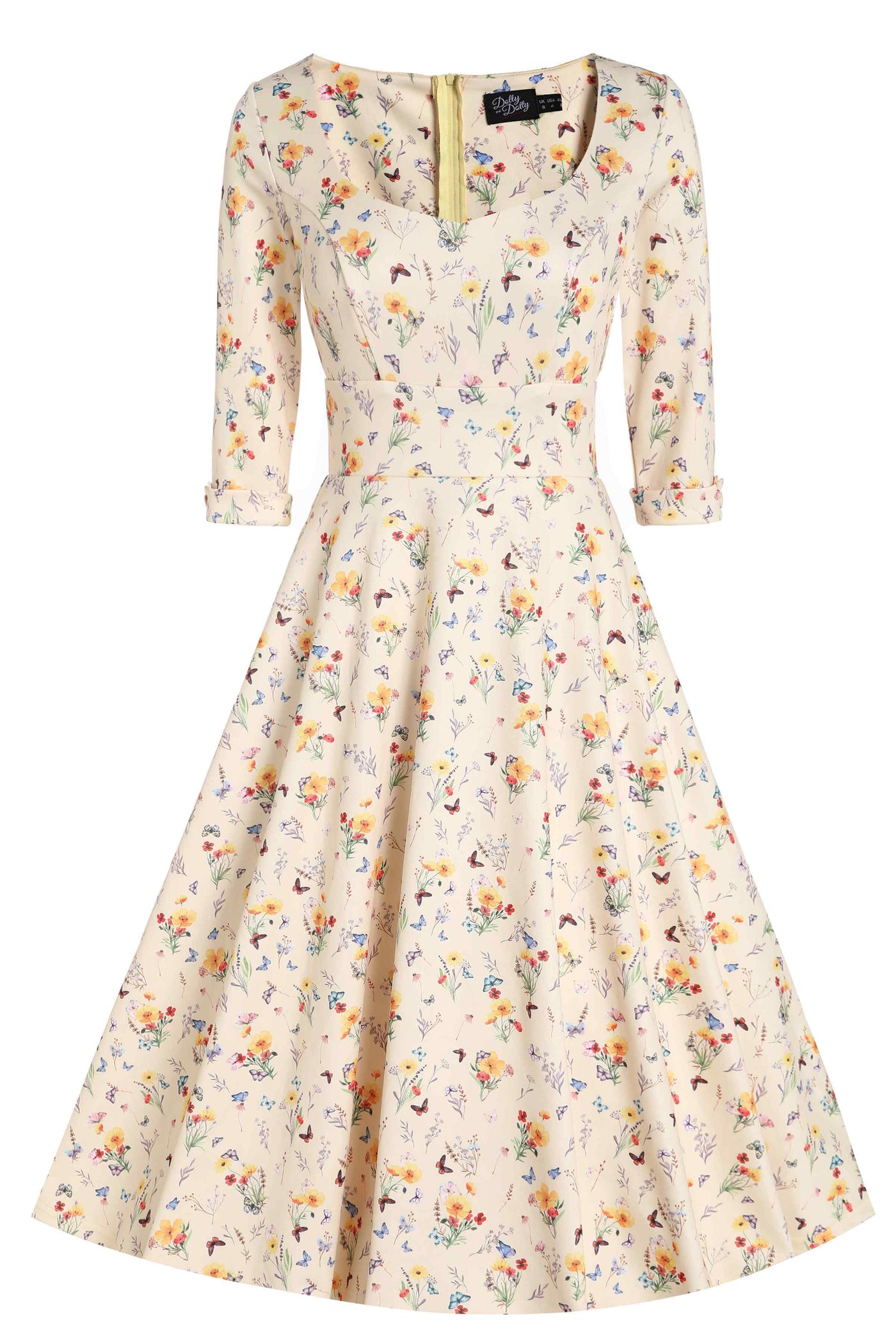 Front View of Meadow and Butterfly Yellow Midi Dress