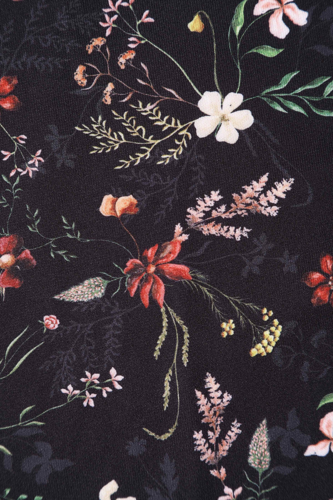 Close up View of Meadow Floral Black Off Shoulder Dress