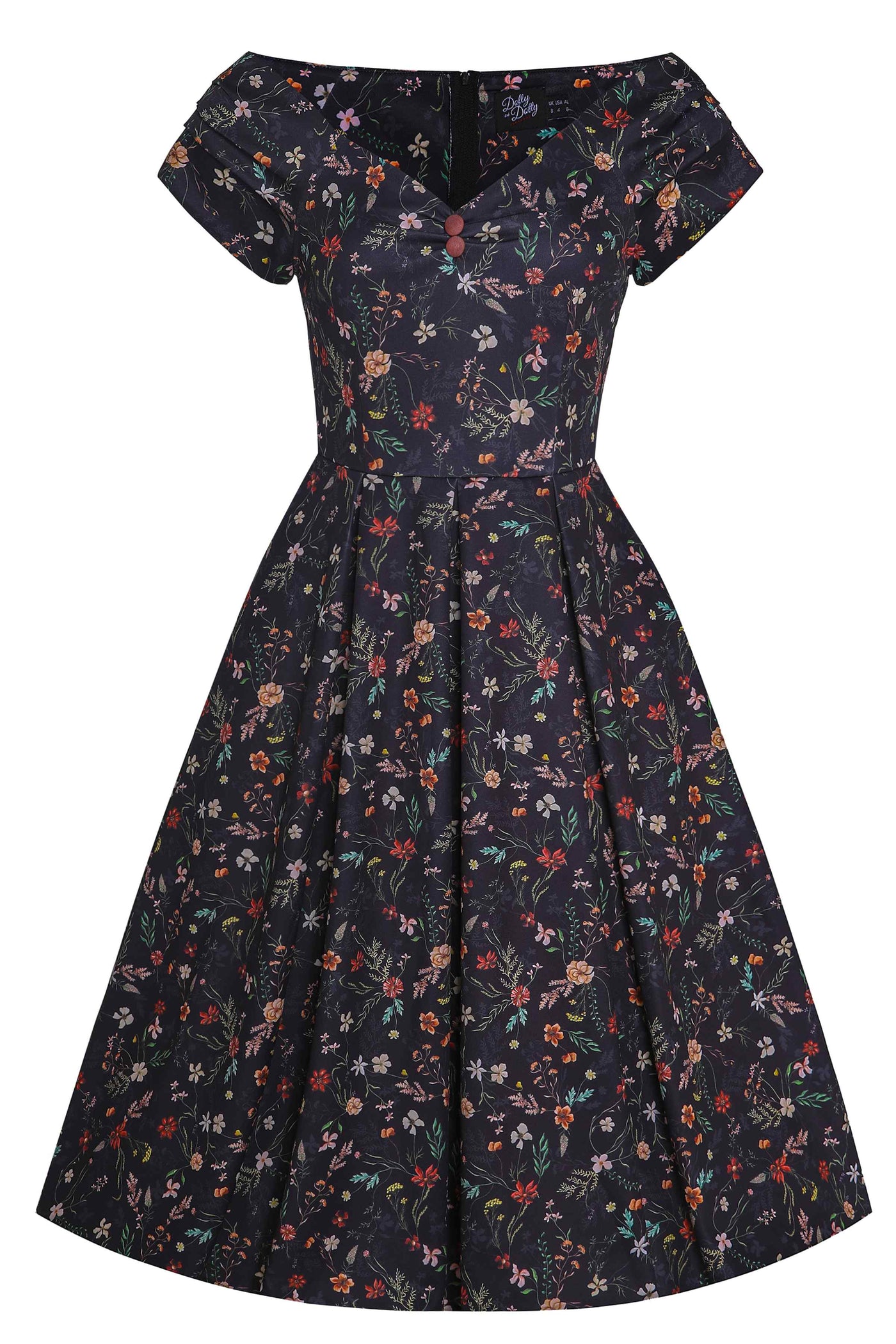 Front View of Meadow Floral Black Off Shoulder Dress