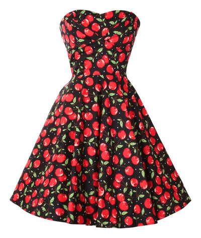 Strapless black red cherry print dress