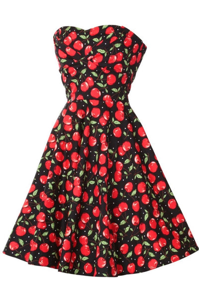 Strapless black red cherry print dress