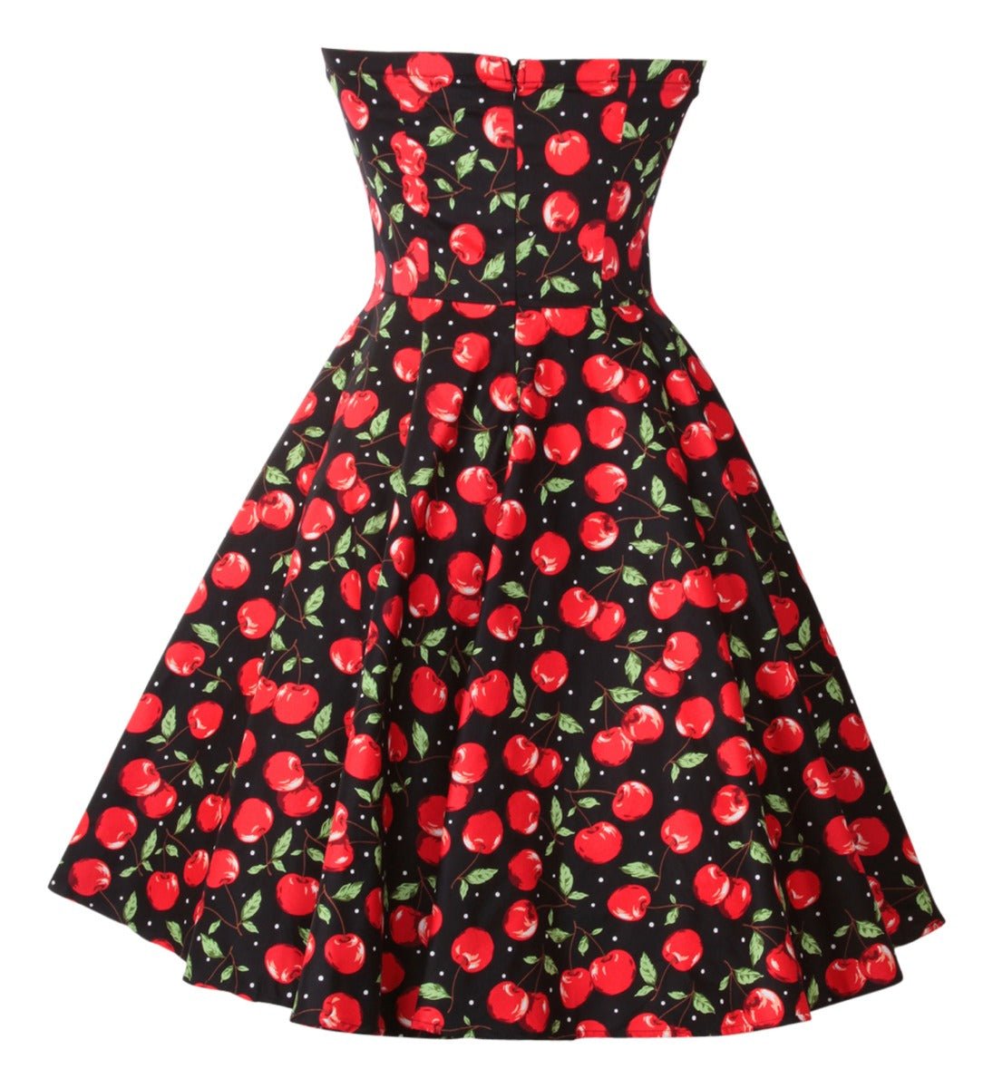 Strapless black red cherry print dress back view