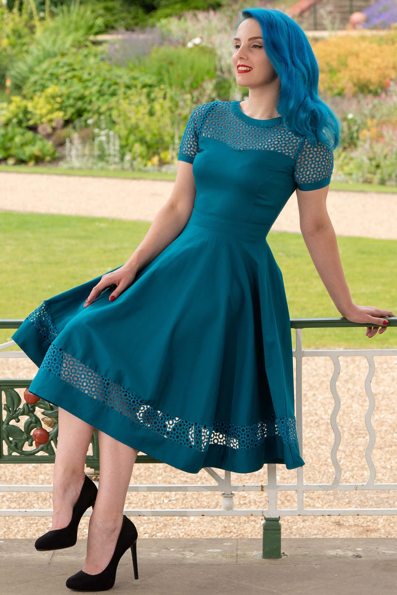 Tess Peacock Blue Sleeved Lace Midi Dress