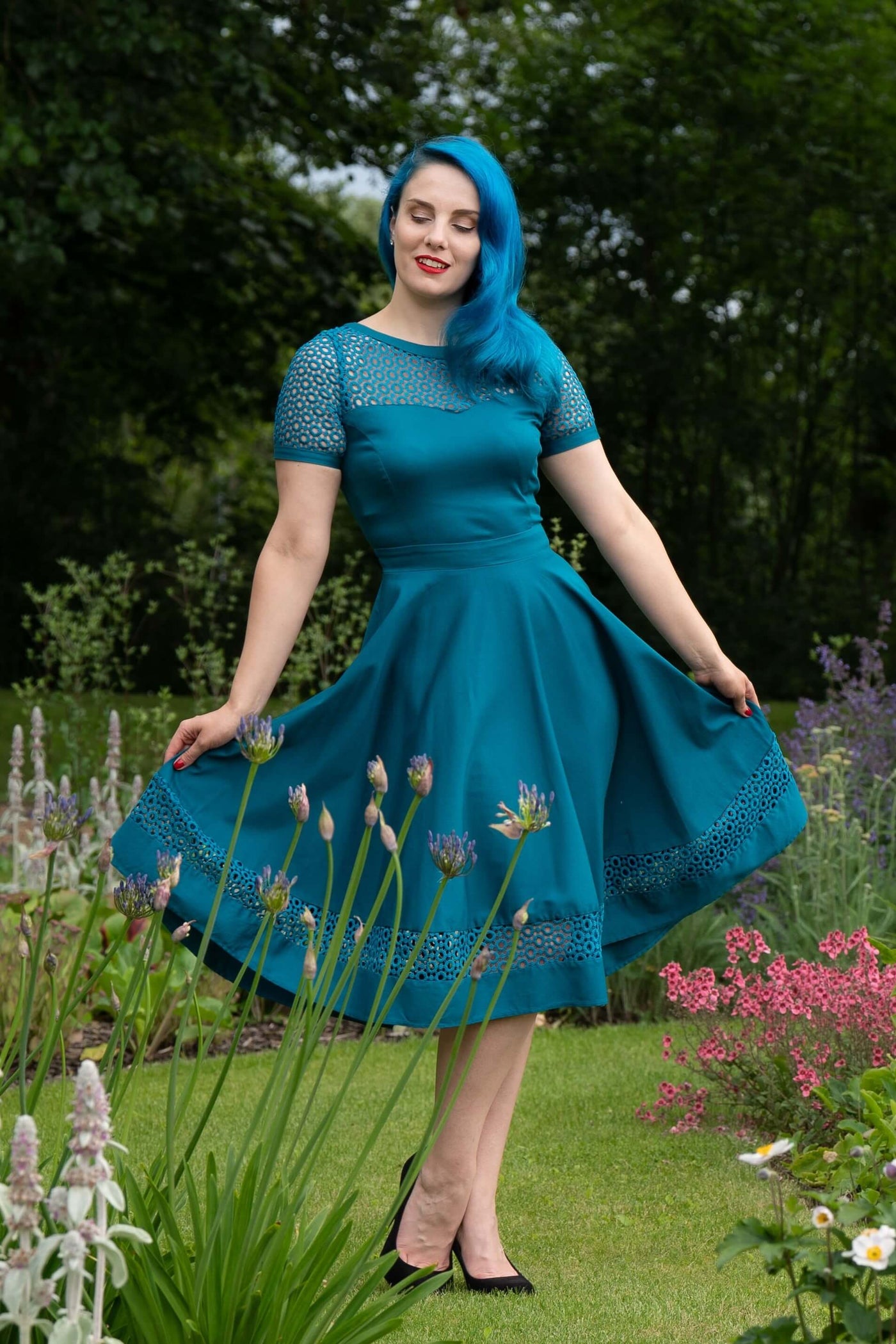 minavonvixen in Crochet Lace Sleeved Occasion Formal Dress in Peacock Blue front view