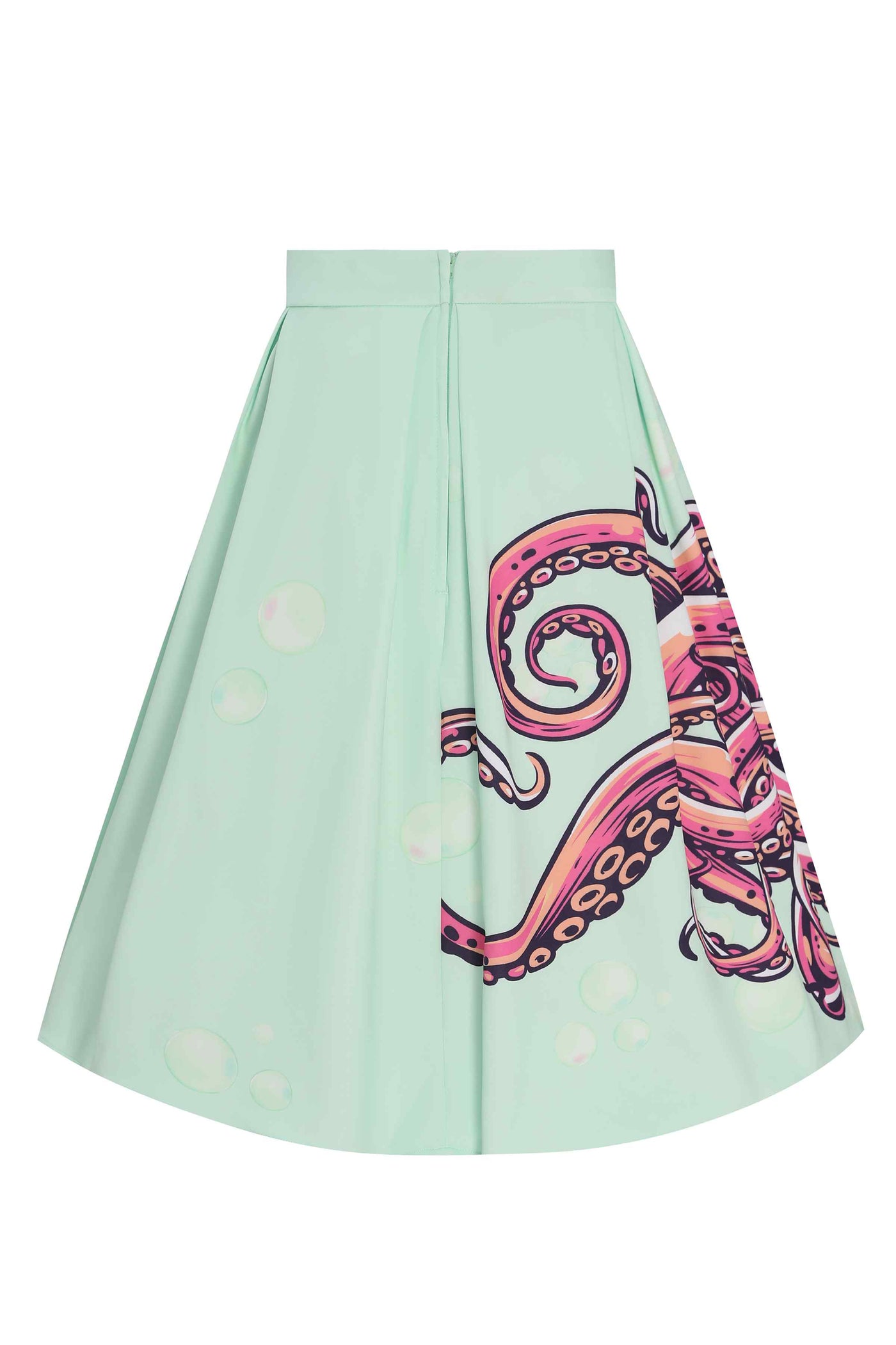 Back View of mint green with octopus print box pleated skirt