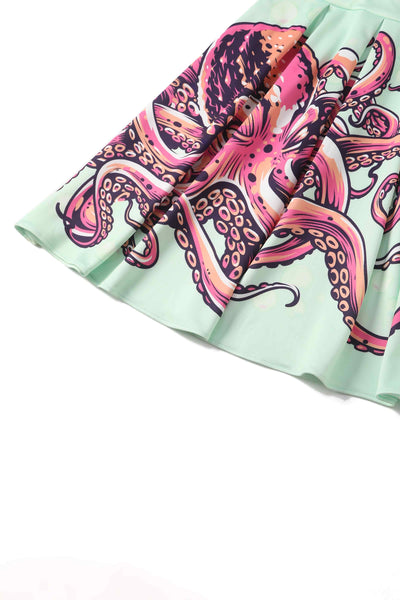 Close up View of mint green with octopus print box pleated skirt