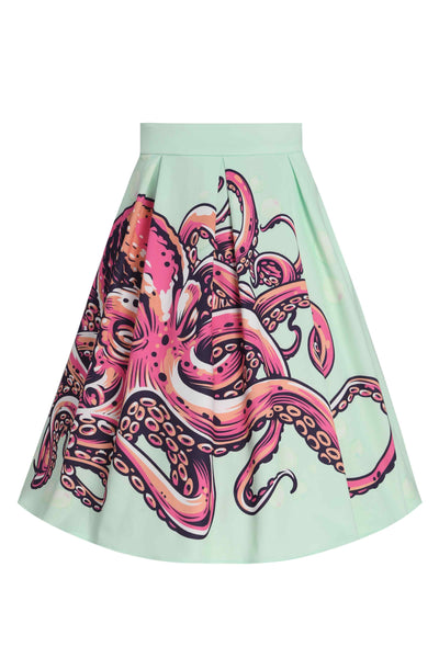 Front View of mint green with octopus print box pleated skirt