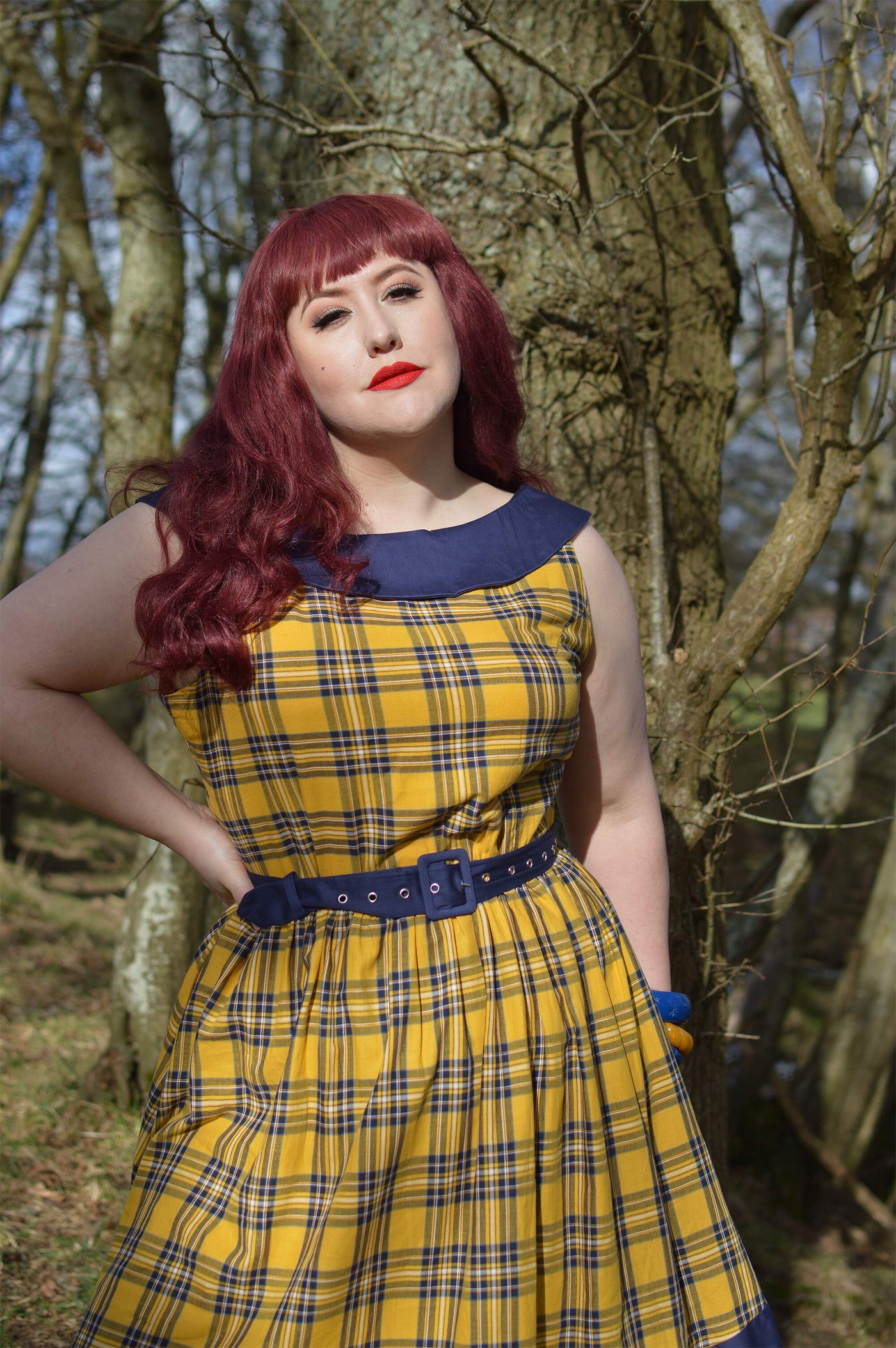miss amy may in 50s Roll Collar Low Back Navy & Yellow Tartan Dress