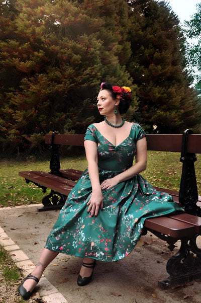 missbunnyceline in 50s Style Off Shoulder Green Bird Forest Full Circle Tea Dress UK sitting