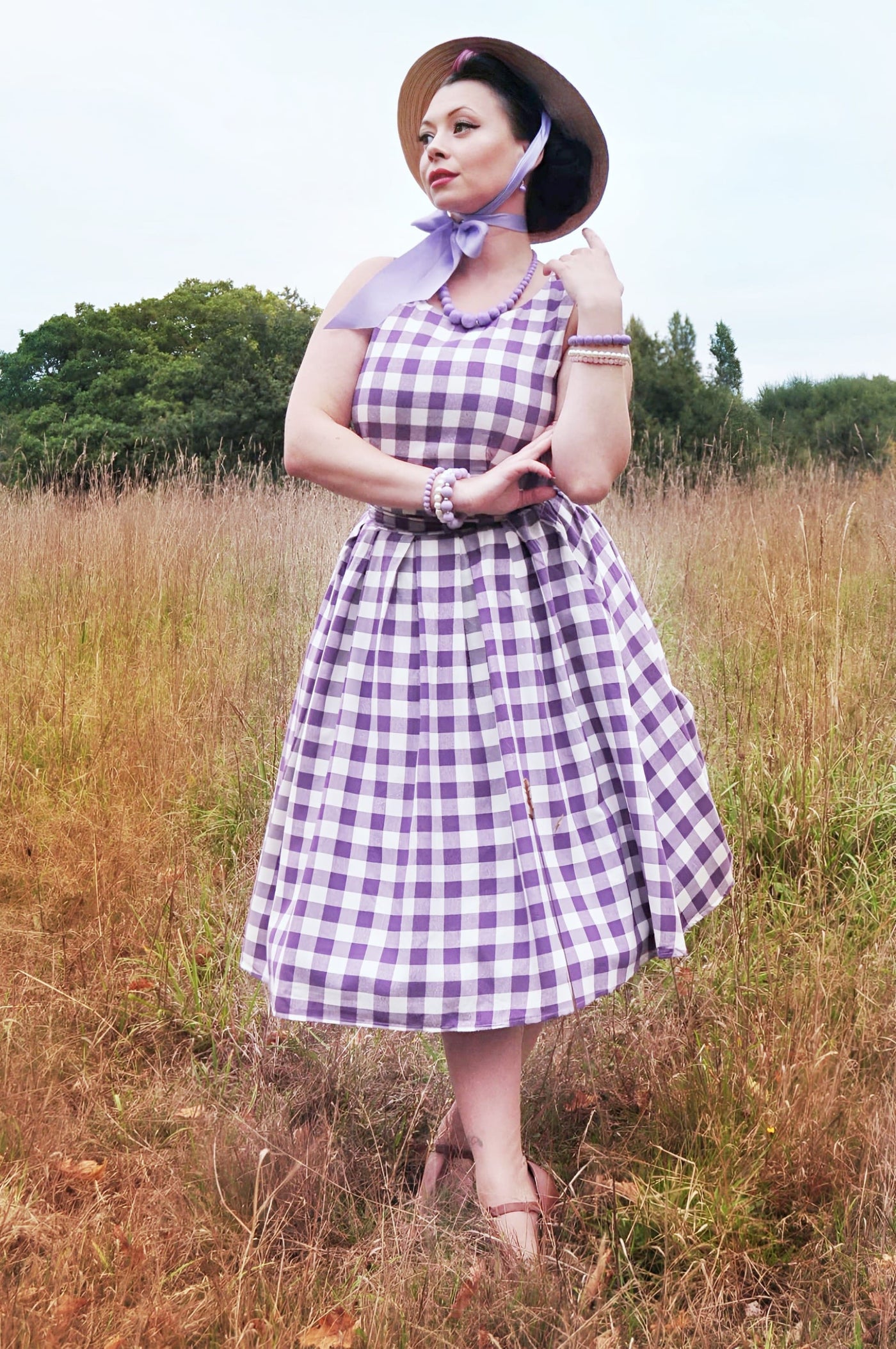 missbunnyceline wearing Vintage Inspired Purple Gingham Swing Dress at the field