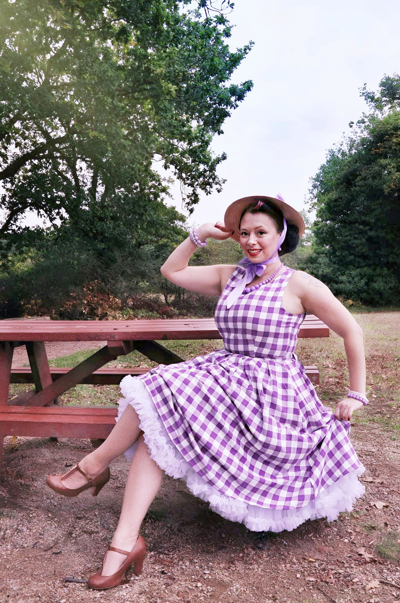 missbunnyceline wearing Vintage Inspired Purple Gingham Swing Dress sitting