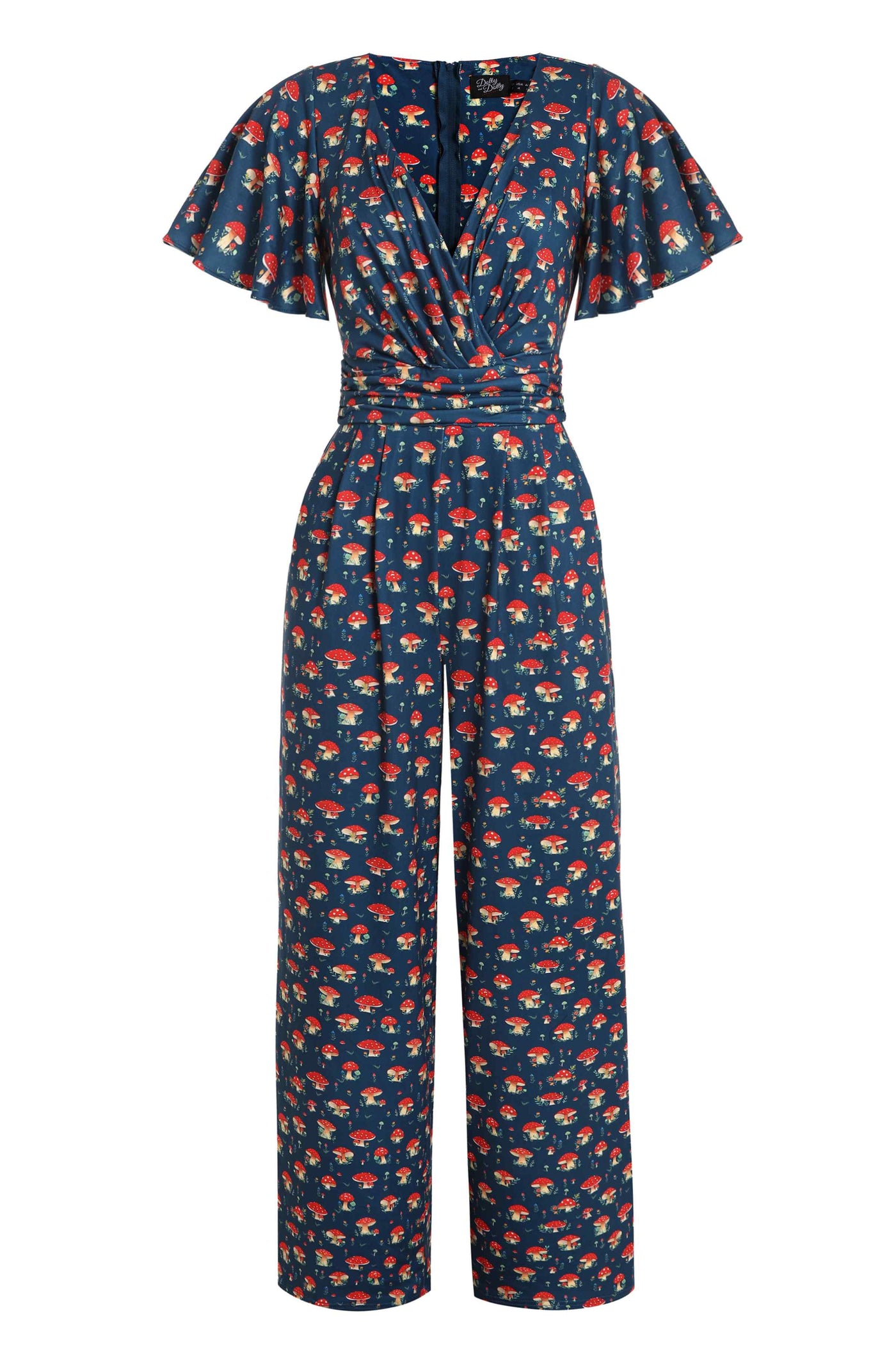 Front View of Mushroom Navy Blue Jumpsuit With Pockets