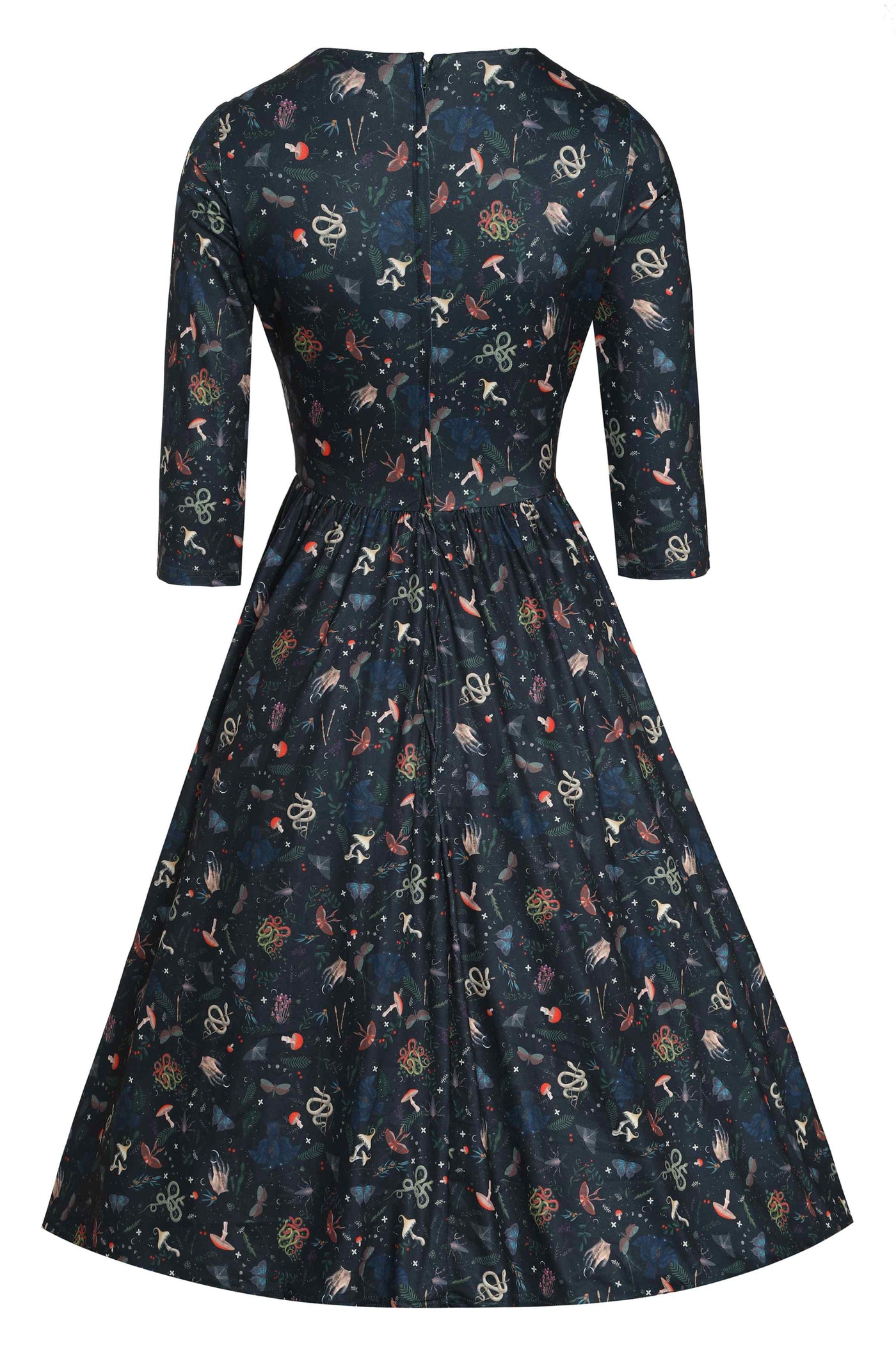 Back view of Mystical Forest Print Dress in Dark Green