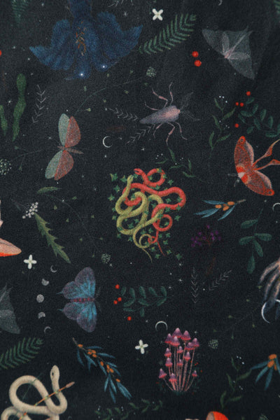 Close up view of Mystical Forest Print Dress in Dark Green