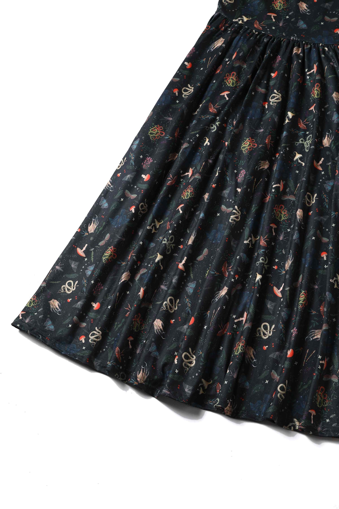 Close up view of Mystical Forest Print Dress in Dark Green