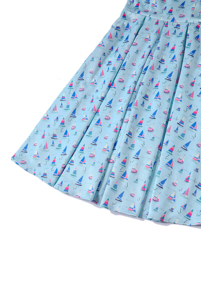 Close up View of Nautical Sailboat Blue Off Shoulder Dress