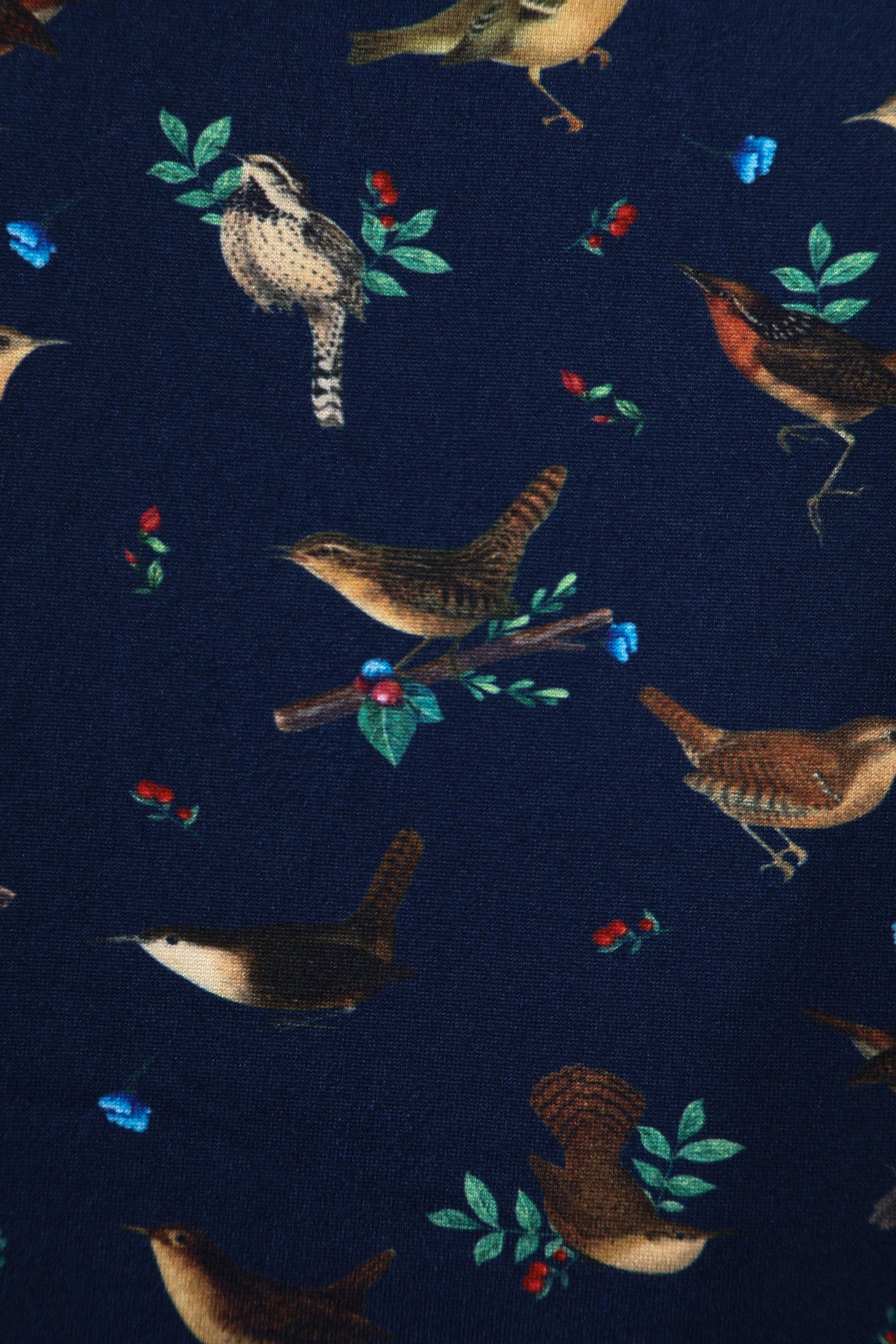 Close up view of navy blue bird print sleeved swing dress