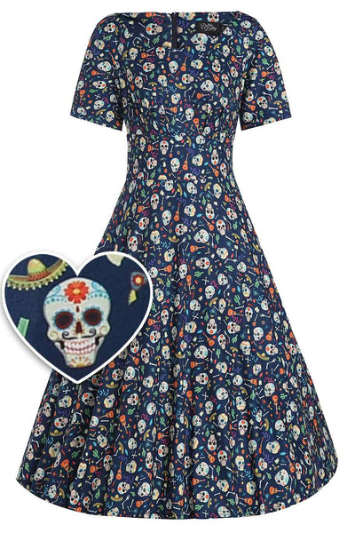 Navy Blue Day Of The Dead Flared Dress