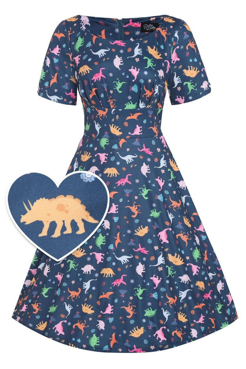 Navy Blue Dinosaur Flared Dress