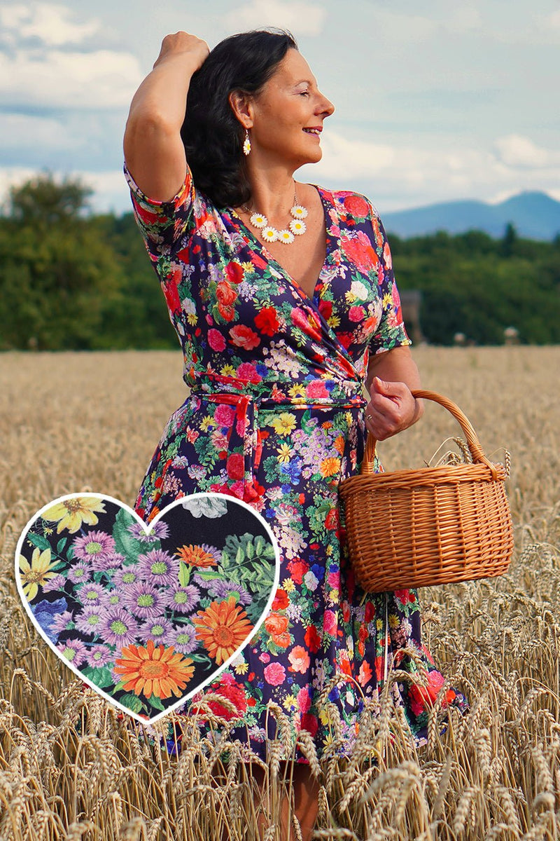 Navy Blue Midnight Garden Floral Wrap Dress