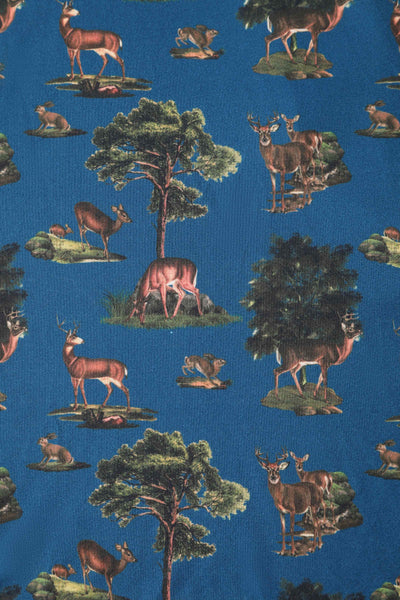 Close up view of Navy Deer Short Sleeved Dress