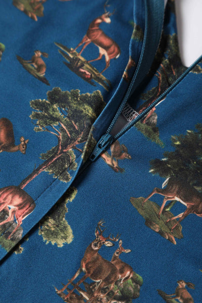 Close up view of Navy Deer Short Sleeved Dress