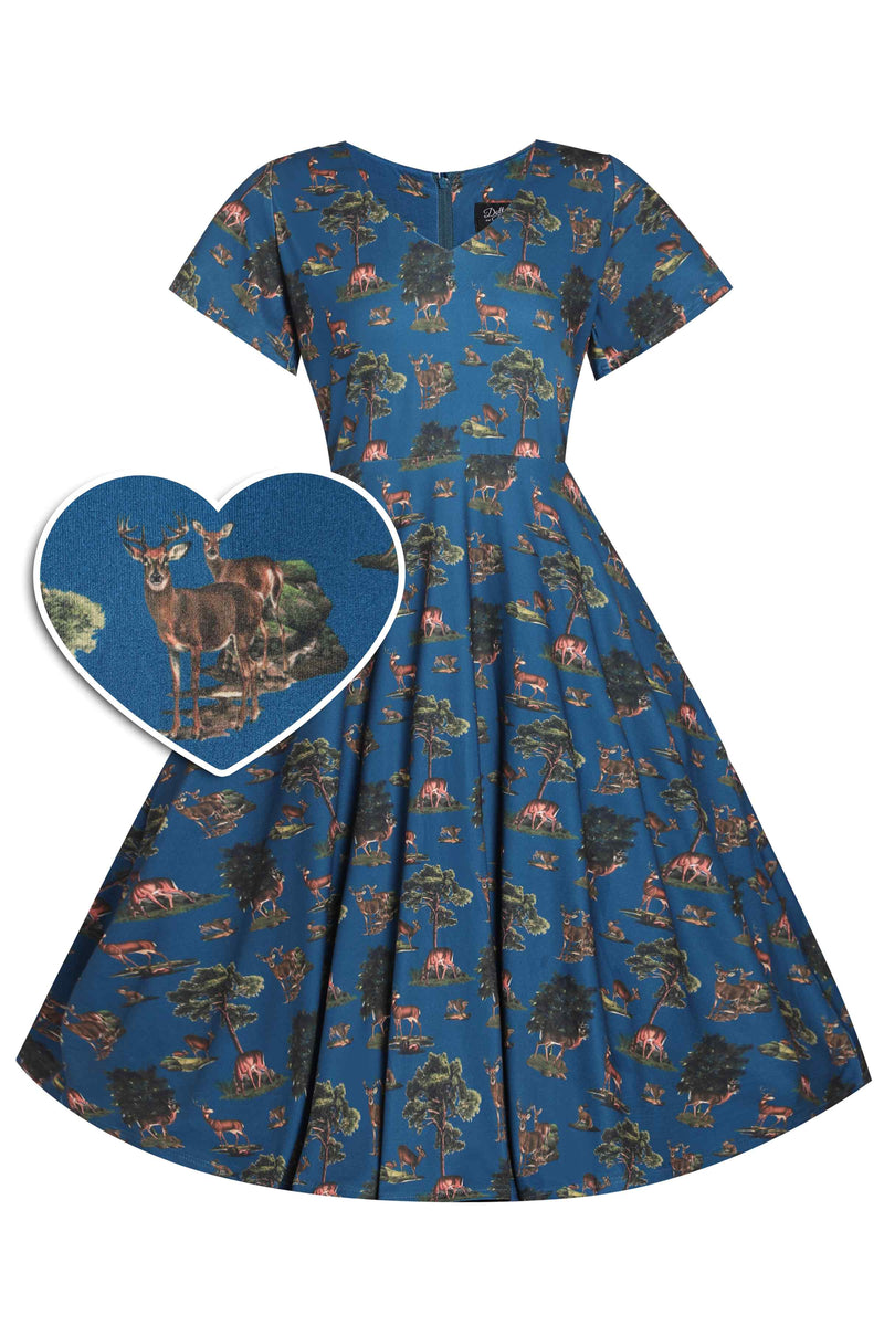 Front view of Navy Deer Short Sleeved Dress