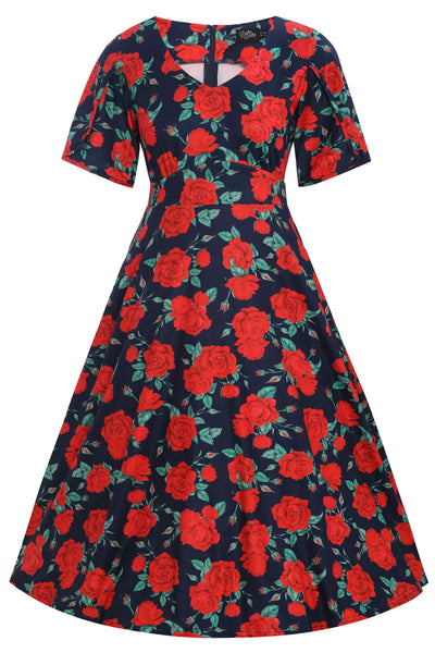 Navy Rose Petal Sleeved Flared Dress