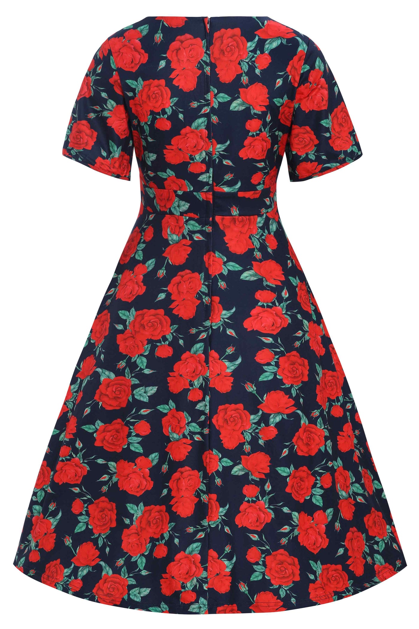 Navy Rose Petal Sleeved Flared Dress