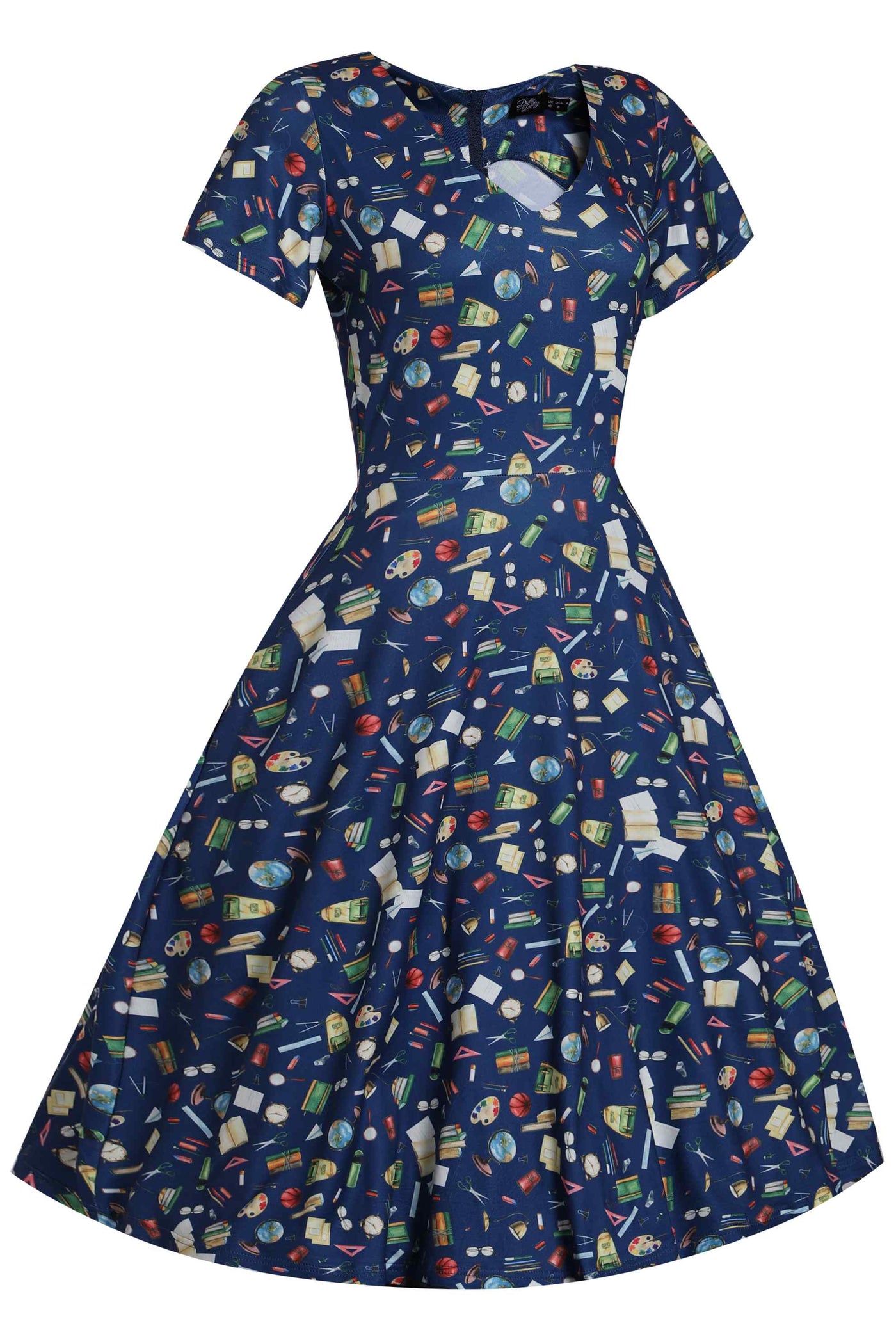 Front side view of our short sleeve swing dress in navy blue with a school themed print