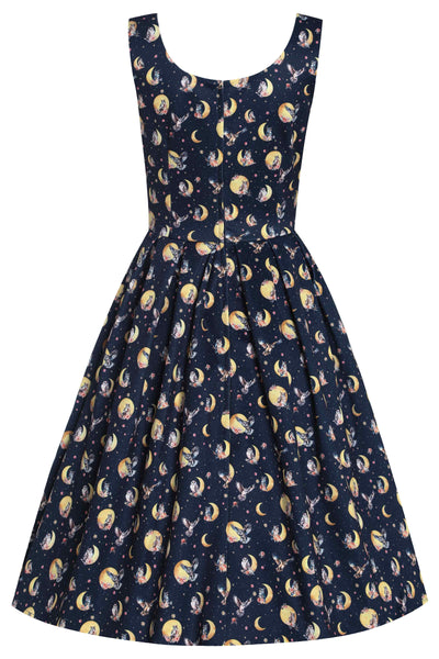 Back View of Night Owl Print Sleeveless Swing Dress in Navy Blue